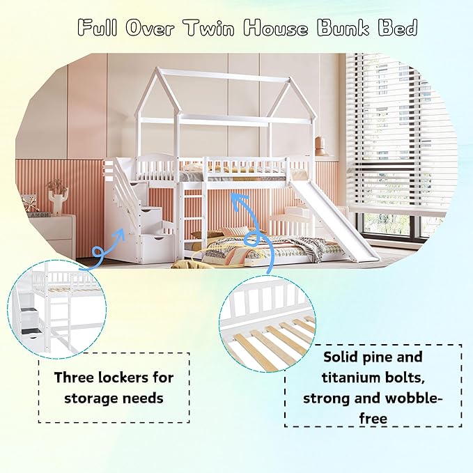 MERITLINE Twin Over Full L Shaped Bunk Bed for 2,Solid Wood House Floor Bunk Bed with Slide and Storage Stairs,No Box Spring Needed (White)