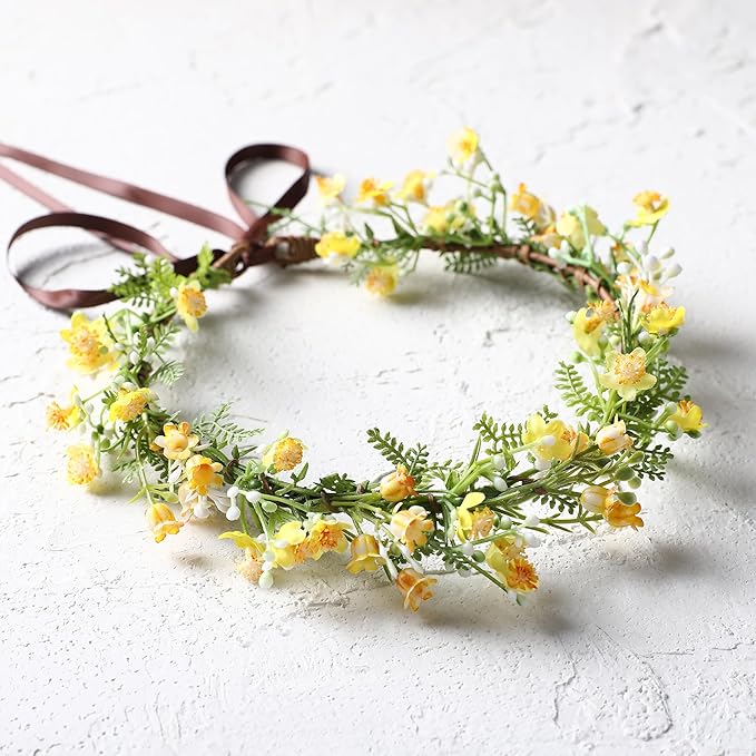 Yellow Flower Crown Headpiece - Yellow Babys Breath Flower Headband Sweet Handmade Floral Headpiece for Festival Party Vacation Cosplay Photography Props