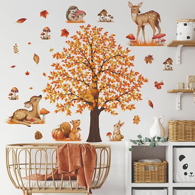 Large Autumn Fall Maple Tree Wall Decals Woodland Animals Creactures Mushroom Wall Stickers for Autumn Party Decorations Bedroom Living Room Wall Decor