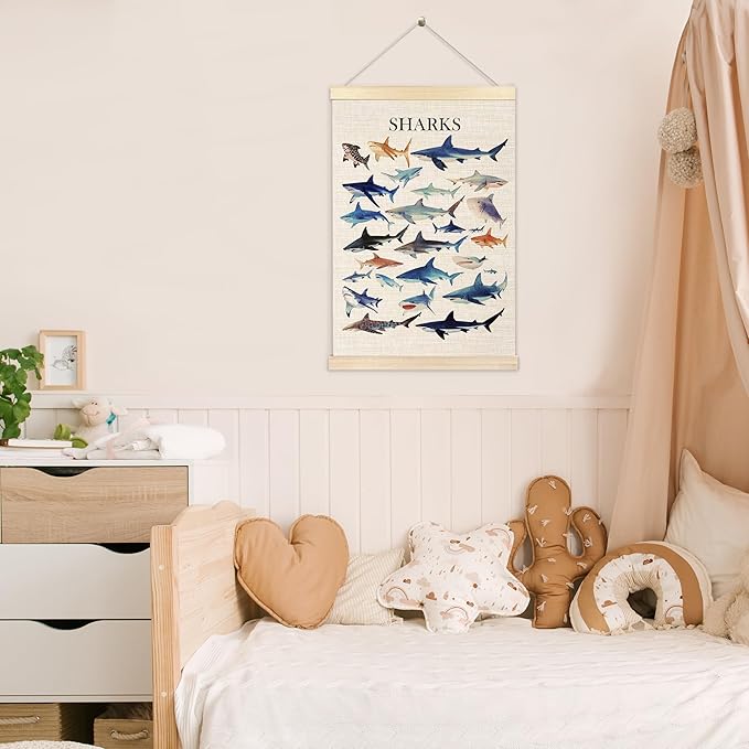 Ecezatik Watercolor Sharks Wall Art with Wooden Poster Hanger, Shark Posters, Beach Room Decor, Ocean Room Decor, Shark Wall Art Decor for for Classroom Nursery Kids Room Playroom, 16x24 Inch