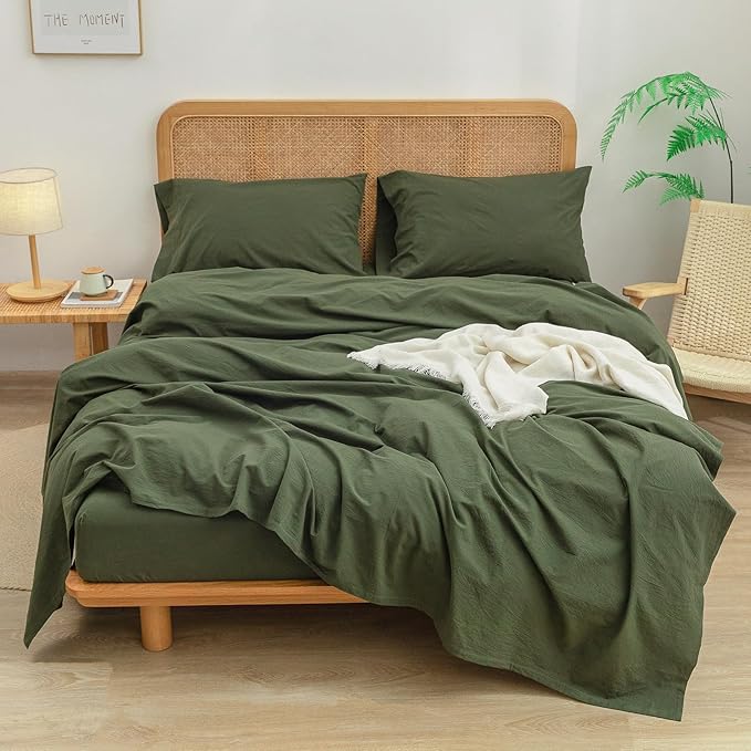 BESTOUCH Sheet Set 100% Washed Cotton Linen Feel Super Soft Comfortable Chic Lightweight 4 Pcs Home Bedding Set Solid Olive Green King