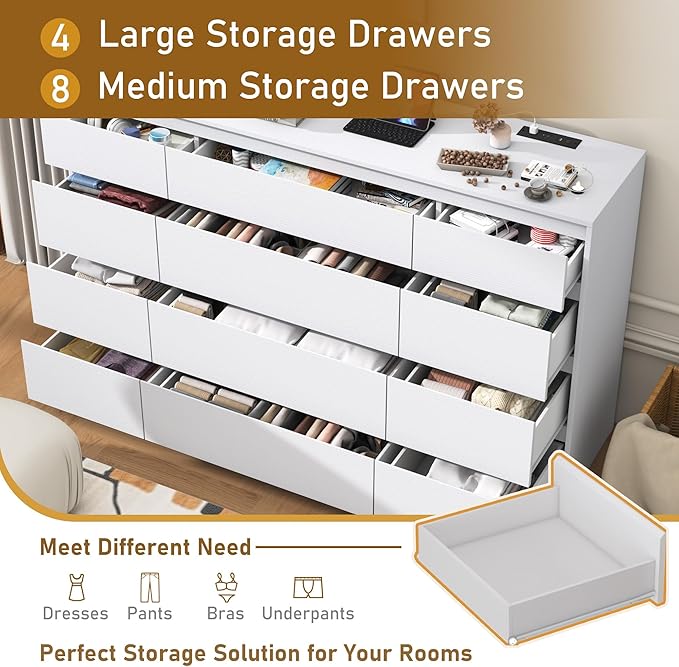 White Malm Dresser for Bedroom, 63" Wide 37" Tall Dresser with 12 Drawers & Charging Station, Modern Large Wood Chest of Drawers Handle Free for Bedroom, Living Room, Entryway, Hallway, White