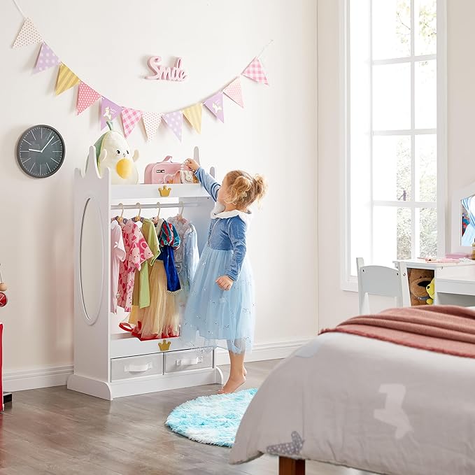 Kids Dress Up Storage with Mirror, Kids Armoire with Non-Woven Drawers, Open Costume Closet with Hanging Rack for Toddlers (White)