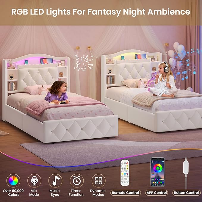 DICTAC Twin Size Bed Frame for Kids with Storage Drawers, Bookcase Headboard, LED Lights and Power Outlets, Diamond Tufted Velvet Upholstered Princess Platform Bed, Heavy-Duty Metal Support, Beige