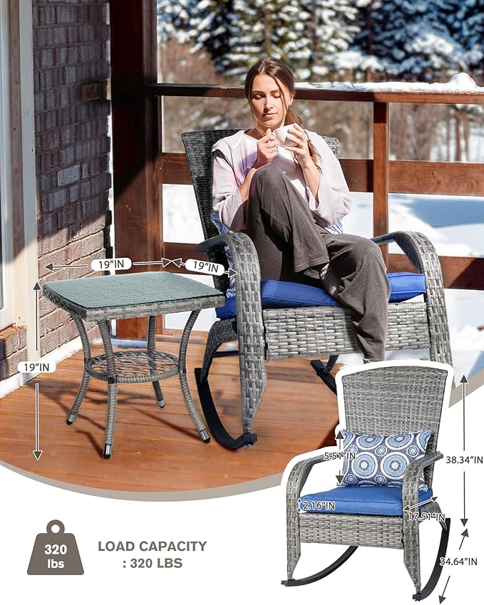 Modern Outdoor Patio Set - 3 Piece Wicker Rocking Chairs with Cushions & Glass Coffee Table - Grey/Blue