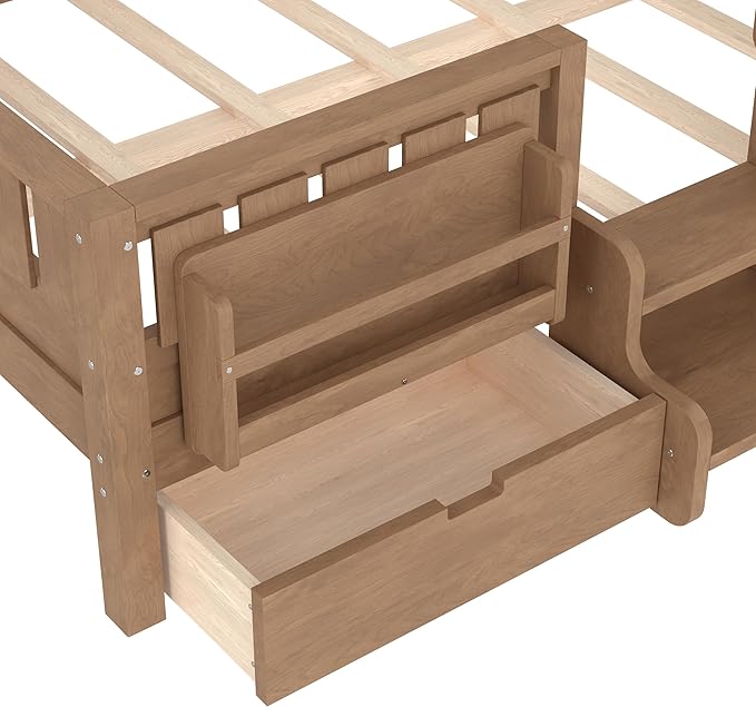 Bellemave Full Size Kids Bed with high Rails and with Built-in Bookshelf and Drawers for Kids, Girls, Boys, Wood Montessori Bed Without Door, Natural