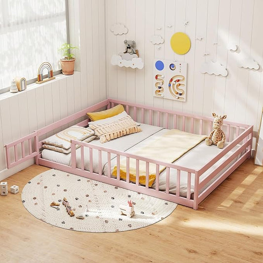 KOMFOTT Full Size Wood Floor Bed with Door & Fence, Montessori Bed Frame with Full Length Safety Guardrails, Door & Latch, Wooden Montessori Floor Bed for Kids, Girls, Boys (Full,Pink)