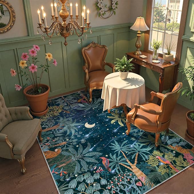 Lahome Midnight Jungle Green Rug, Washable Rugs 5x7 for Bedroom Aesthetic, Soft Animal Print Office Area Rug Botanical Stain Resistant Non Slip Dining Room Carpet for Under Table Living Room