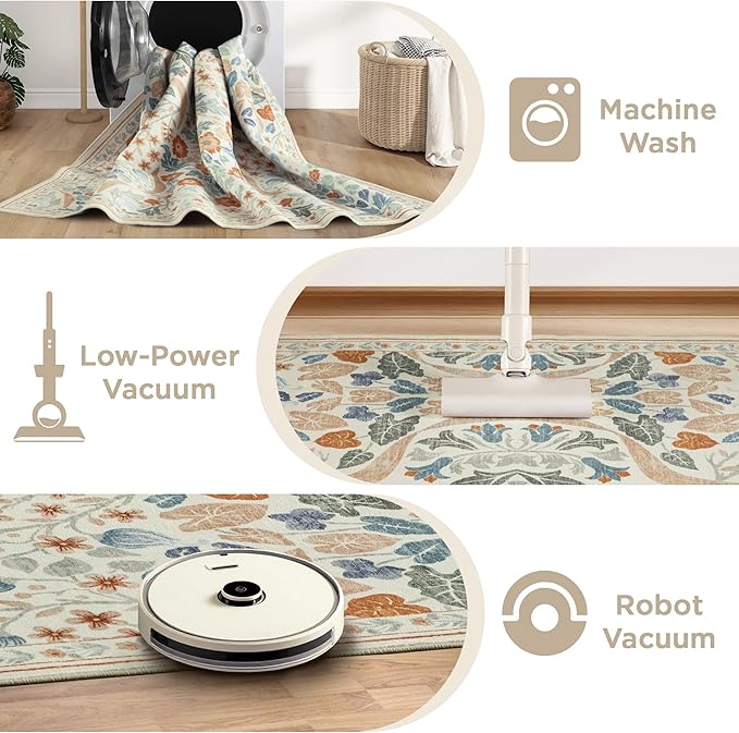 2x3 Floral Washable Area Rug for Kitchen, Non-Slip Soft Vintage Boho Carpet, Botanical Forest Beige Small Low Pile Rugs for Bedroom, Entryway, Home Office, Dorm, Beige