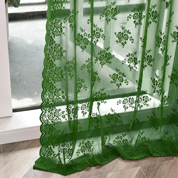 Kotile 84 Inch Dark Green Lace Curtains 2 Panels Set Country Rustic Floral Vintage Emerald Green Sheer Curtains for Living Room, Rod Pocket Privacy Forest Hunter Green Window Drapes, Each 42 x 84 Inch