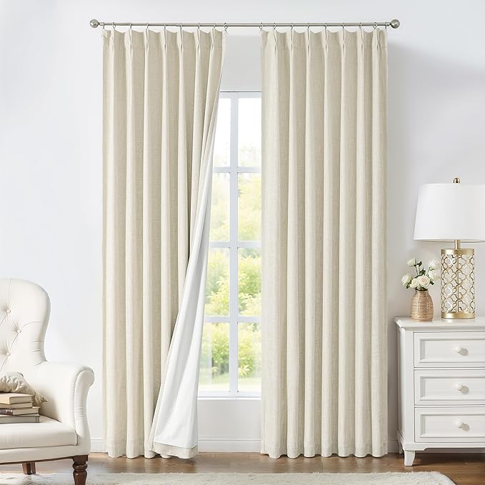 Central Park Pinch Pleat Full Blackout Curtain Panel Thermal Insulated Drapery with Blackout Liner for Farmhouse Living Room Bedroom Window Treatment Sets with Hooks, Sand/Linen, 40"x108"x2
