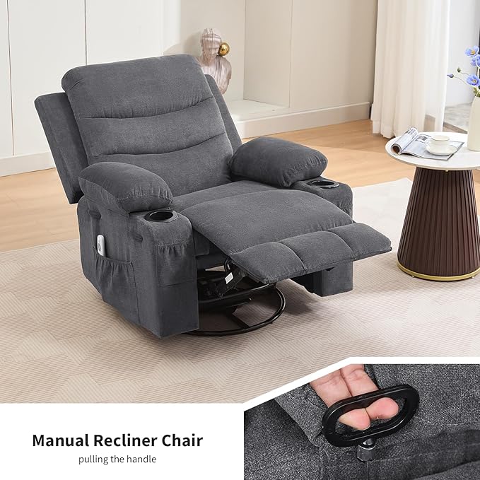 Recliner Chair Nursery, Oversized Manual Reclining Rocking Chair, 360 Swivel Glider with Cup Holder, Massage and Heat Recliner, Indoor Small Single Sofa Chairs for Adults, RV, Bedroom, Linen Gray