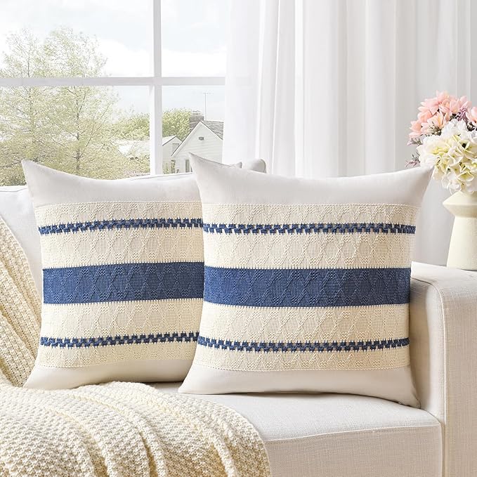 Fancy Homi Set of 2 Dusty Blue Vintage Decorative Throw Pillow Covers 18x18 Inch for Couch Bed Sofa Chair Bedroom, Rustic Retro Square Cushion Case, Modern Farmhouse Boho Living Room Decor Indoors