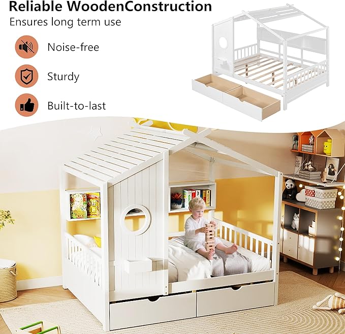 Aoowow Twin Size House Bed with Storage Shelves and Drawers, Wood Platform Kids House Bed with Window and Roof for Bedroom, Twin Playhouse Bed Frames for Boys Girls, Can be Decorated, White