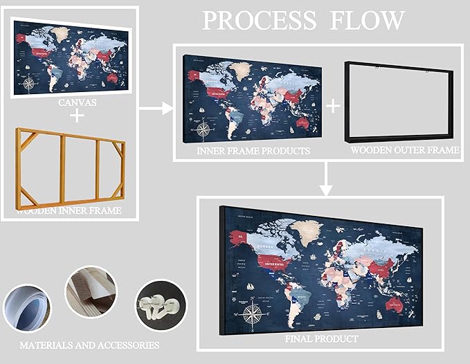 ZHAOSHOP World Map Wall Art for Living Room - Blue Wall Decor for Office - Large Framed Canvas Wall Art Ready to Hang Size 29" x 59"