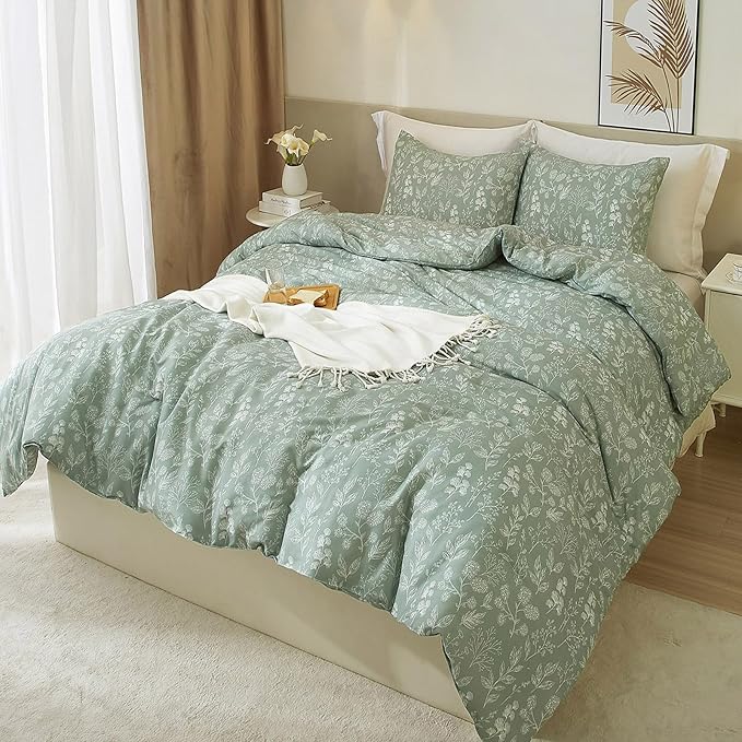 HighBuy Girl Floral Duvet Cover Twin Size Green Botanical Bedding Set with 2 Pillowcases Cozy Soft Cotton Comforter Cover Aesthetic Boho Duvet Cover Set