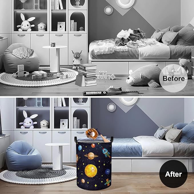 Clastyle 45L Boy Planets Nursery Hamper Outer Space Collapsible Laundry Basket Kid Room Rocket Toy Storage Basket