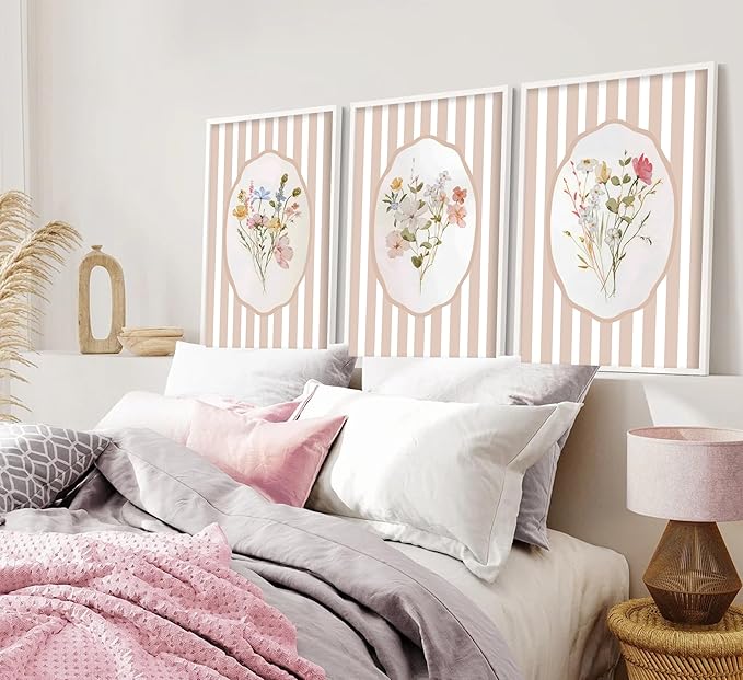 3Pcs Pink Flower Wall Art Light Pink Striped Plant Painting Picture Wall Decor Elegant wildflowers Poster Print Artwork for Bedroom Preppy dormitory Living Nursery Room Home Decoration