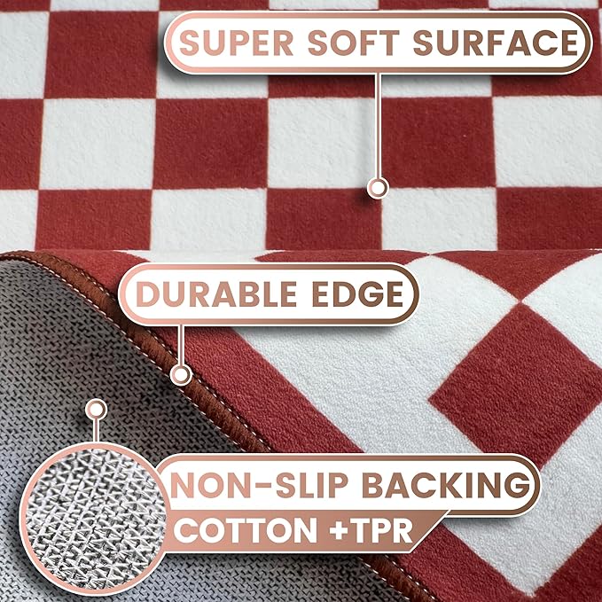 Washable 5x7 Checkered Area Rug for Living Room, Dark Red Checkerboard Modern Boho Large Rugs, Ultra Thin Low Pile Lightweight Indoor Carpet with Non-Slip Backing for Bedroom Kids Nursery Play Room