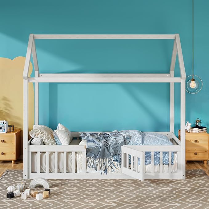 Merax Wooden House Bed, Floor Bed with Fence and Door,Full Guardrail, Twin Size, White