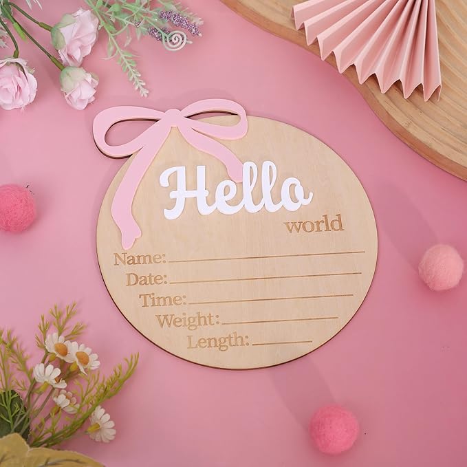 Hello World Birth Announcement - Bow Baby Girl Announcement Sign,Hello World Baby Girl Hospital Sign with Bow(Bow-1)