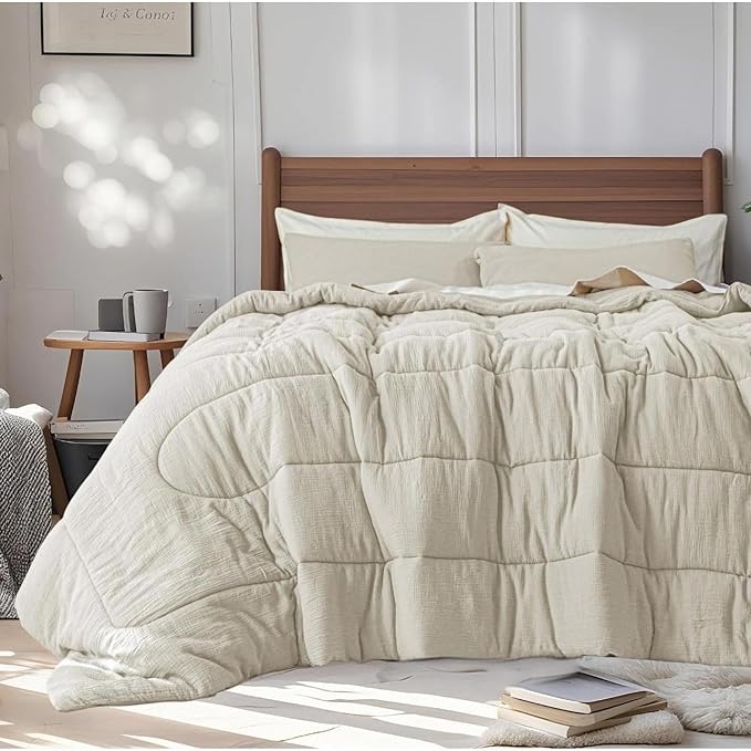 Simple&Opulence 100% Cotton Muslin Comforter Set Twin Size, 2PCS Washed Cotton Gauze Comforter, Soft Lightweight All Seasons Bedding Sets with 1 Pillow Sham(Cream,Twin)