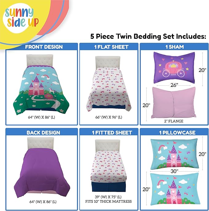 Sunny Side Up Magic Castle Twin Comforter Set - 5 Piece Kids Bedding Includes Comforter, Sheets & Pillow Cover - Super Soft Microfiber Bed Set