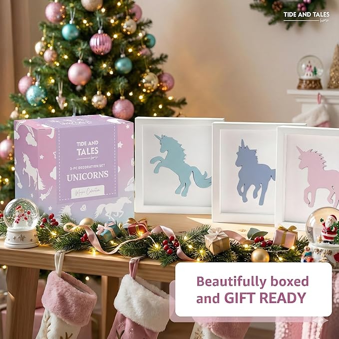 Tide and Tales Unicorn Wall Decor (Set of 3) 3D Framed Unicorn Bedroom Decor for Girls, Pastel Girls Room Decorations, White Wood Nursery Decorations Wall Art, Gift-Boxed