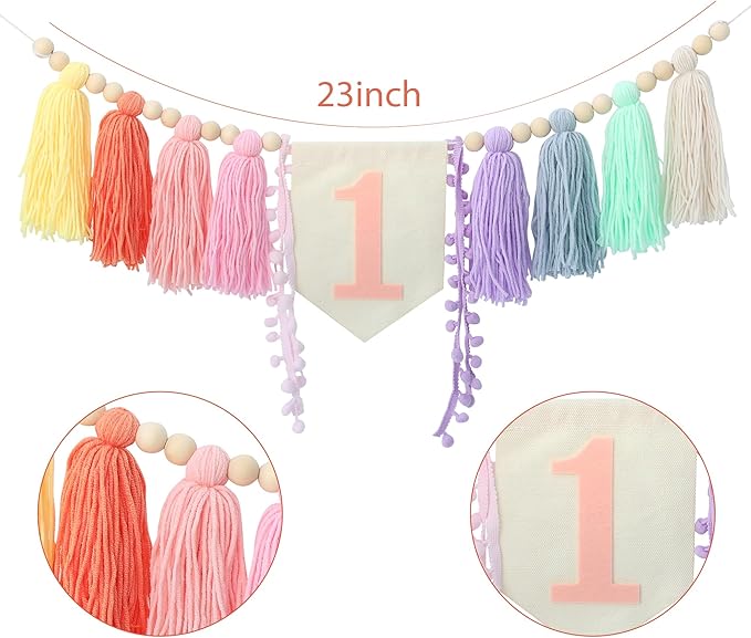 Boho Macaron Handmade Extended 1st Birthday High Chair Banner Wild One First Highchair Banner for Baby Girls Wood Bead Tassel Garland 1 Birthday Party Decorations Photo Props 6