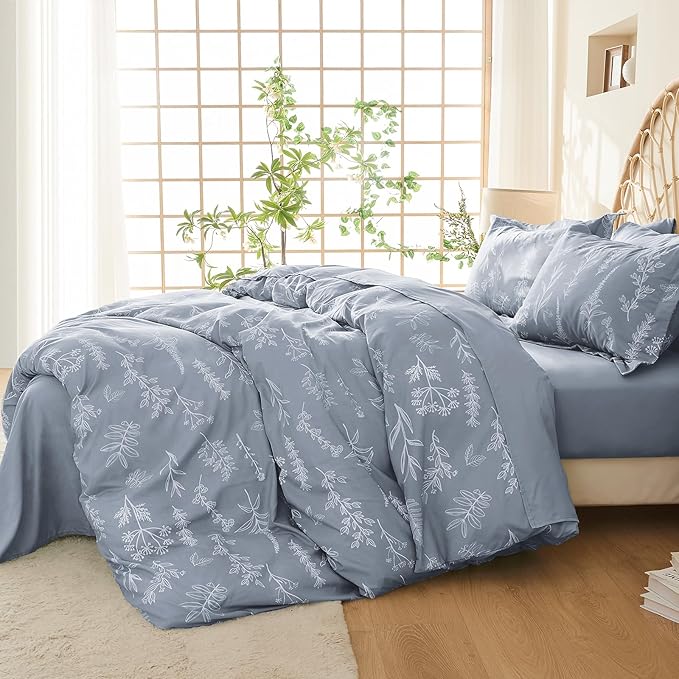 MUXHOMO Duvet Cover Full Size, Reversible Floral Grey Duvet Cover Set with Zipper Closure, 3 Pieces Botanical Patterns Soft Microfiber Bedding Set with 4 Ties (80"x90", 2 Pillow Cases)