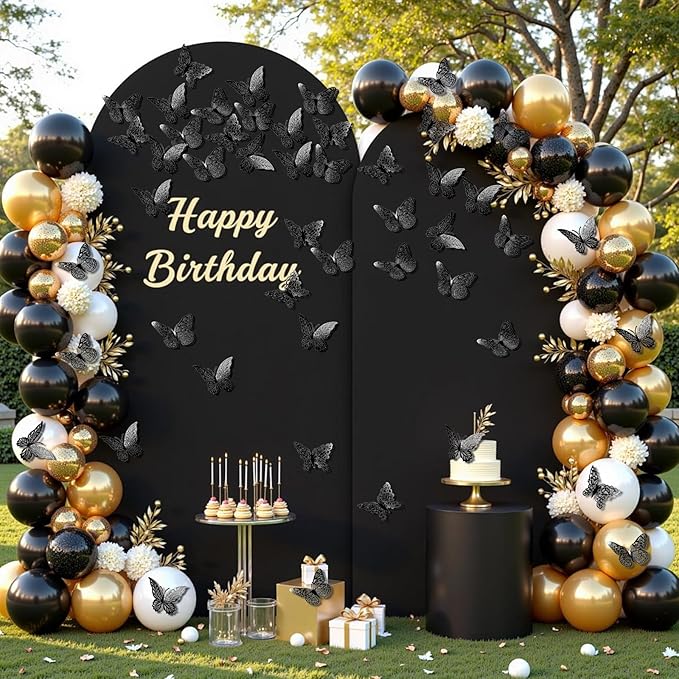 3D Butterfly Wall Decor 3 Sizes 4 Styles Butterfly Party Decorations Cake Decorations Removable Stickers Wall Halloween Decor Room Mural Metallic Kids (Black, 48Pcs)