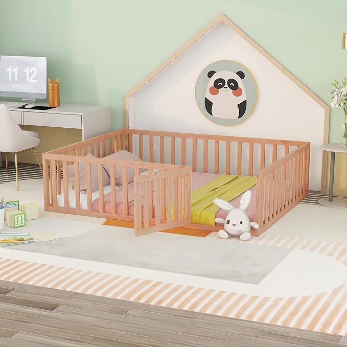Merax Queen Floor Bed with Safety Guardrails and Door, Wood Montessori Floor Bed Frame for Kids, Queen Playhouse Bed Frame for Baby Girls and Boys, Natural
