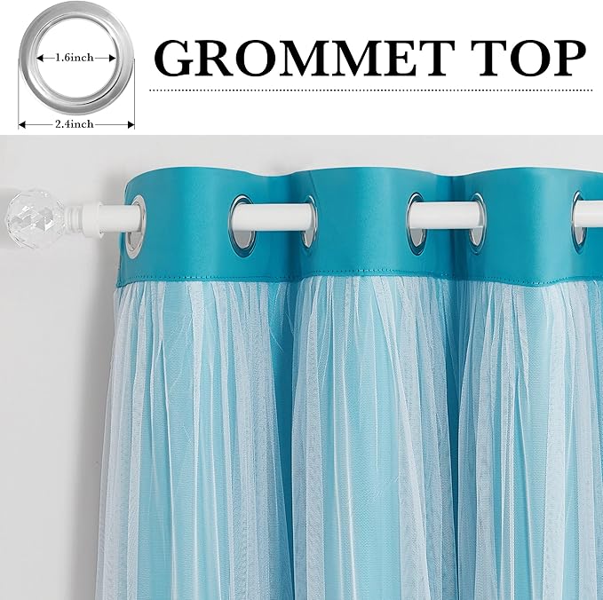 PONY DANCE Blackout Curtains 84 Inch Length - Layered Curtain Mix and Match Room Darkening Drapes with White Sheer Overlay Elegance Window Drapes with Tiebacks (One Pair, Teal Blue, 52 Inches Wide)