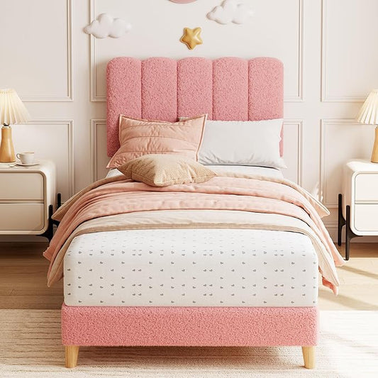 GarveeHome Twin XL Bed Frame, Boucle Upholstered Platform Bed with Wave Headboard for Girls/Kids, Easy Assembly, Wooden Slats Support, No Box Spring Needed, Light Pink