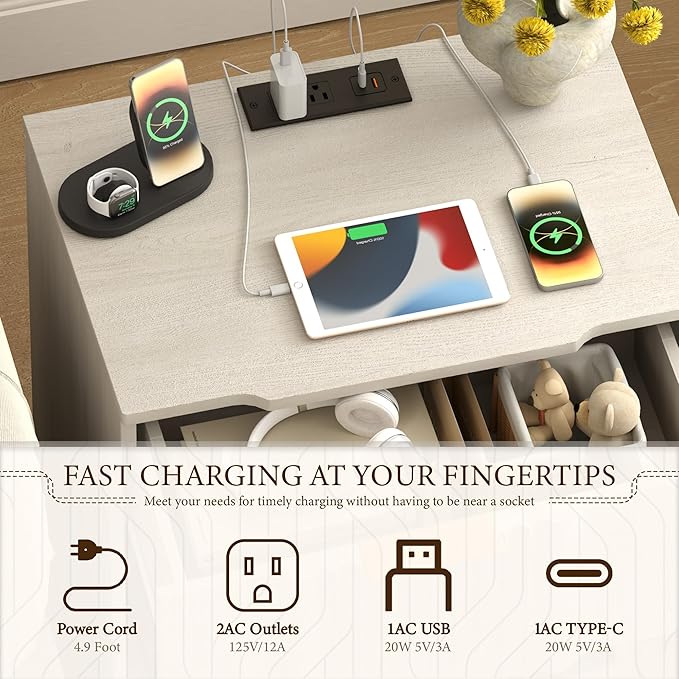 XIAO WEI End Table with Charging Station, 20W Fast Charger Fluted Side Table, Sofa Table with Drawer and Open Shelf,End Table for Living Room,White