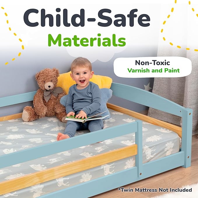 Ocodile Twin Floor Bed with Safety Guardrails for Kids, Montessori Inspired with Rails and 2 Openings, Twin Size Bed Frame for Girls and Boys - Blue
