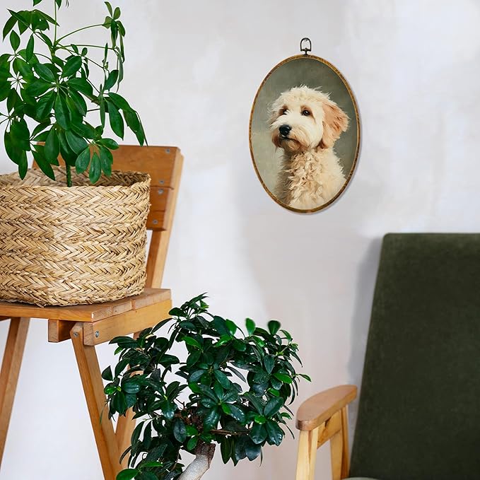 Hiuwevt Vintage Goldendoodle Oval Wall Art Decor, Goldendoodle Gifts for Women Framed Canvas Prints, Rustic Neutral Dog Oval Wall Hanging Decor for Bedroom Living Room Decorations, 8.6x11.4 Inches
