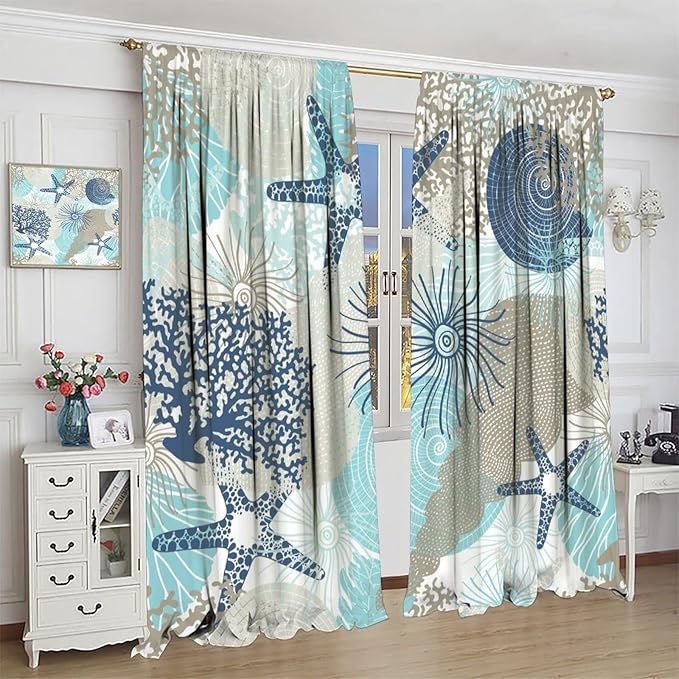 Coastal Curtains Ocean Beach Themed Room Darkening Window Curtain Nautical Coral Blackout Curtain for Bedroom Living Room Bathroom Nursery Set 2 Panels,63x72 Inches