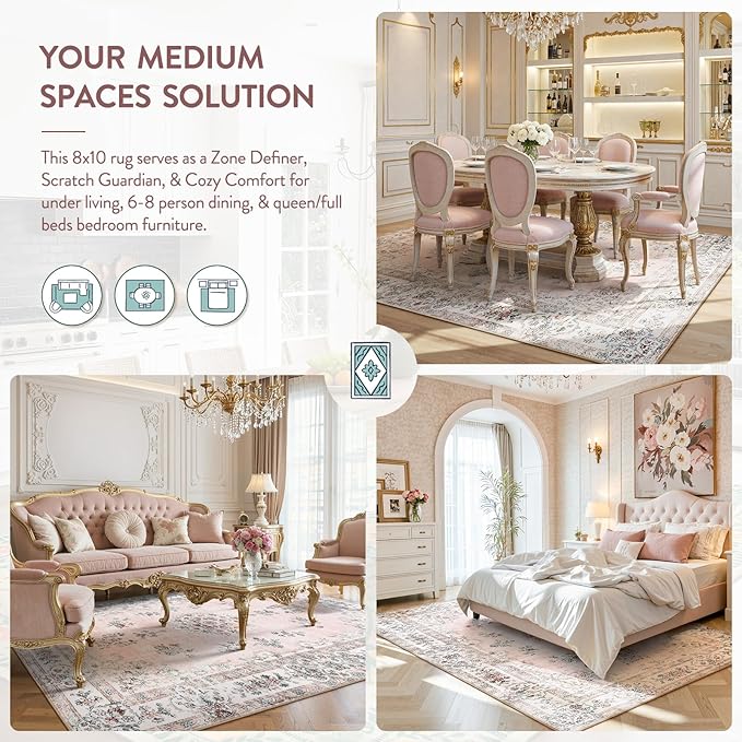 Lahome Washable 8x10 Living Room Rug, Soft Pink Floral Area Rugs for Girl Bedroom Dinning Room Office, Non-Slip Stain Resistant Lightweight Foldable Carpet for Fall Winter Home Decor
