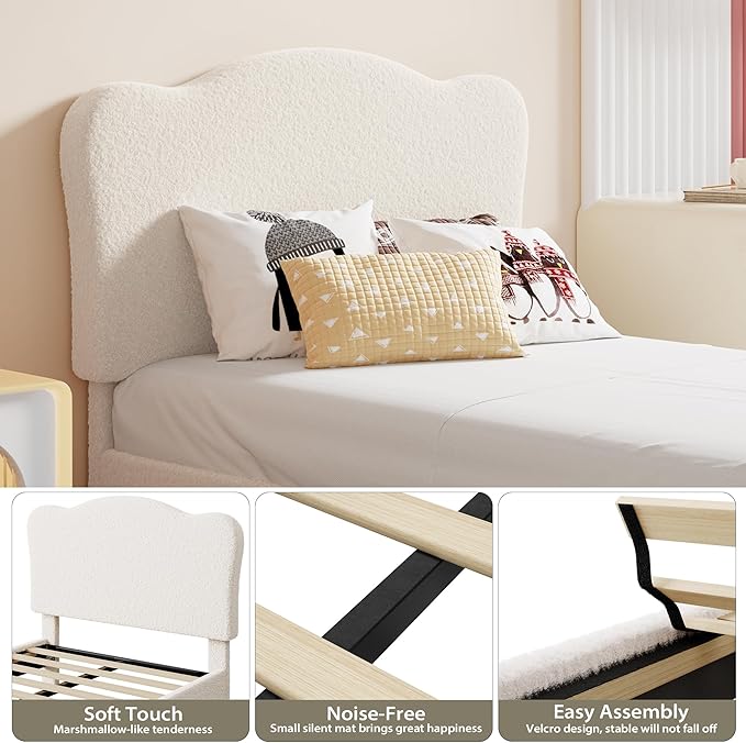 GarveeHome Upholstered Twin XL Size Bed Frame for Kids with Scallop Headboard, Cute Velvet Twin XL Bed for Girls, Boys, Sturdy Platform Bed, No Box Spring Needed, Wooden Slats, Noise Free, White