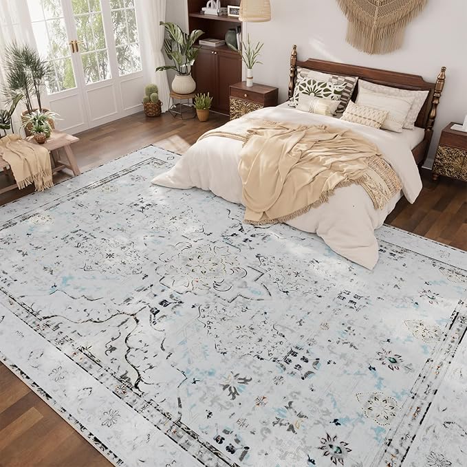 AMTOVO 6x9 Washable Area Rugs for Living Room, Non-Slip Boho Vintage Accent Medallion Print Pattern Carpet for Bedroom Dining Room Home Office Nursery Dorm Farmhouse, Light Grey