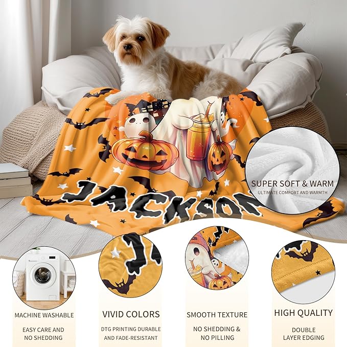 Ship Next Day, Custom Halloween Blanket - Printed in USA, Personalized Baby Blankets with Name, Gift for Kids Boys Girls, Unique Present for Birthday, Christmas, Halloween Bats Toddler Blanket
