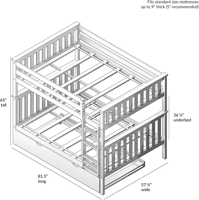 Max & Lily Bunk Bed, Full-Over-Full Wood Bed Frame For Kids With Trundle, White