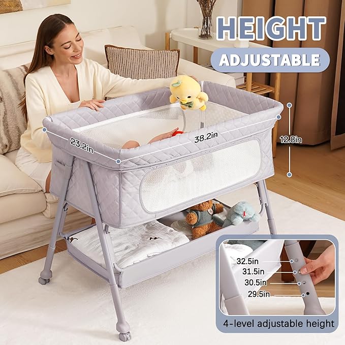 Bassinet Bedside Sleeper, Adjustable Height Baby Bassinet with Wheels, Easy Assemble & Folding Crib with Comfy Mattress, Breathable Mesh Bedside Bassinet for Infant Newborn (Grey)