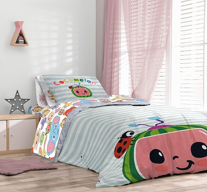 CoComelon Twin Size Comforter Set - 5 Piece Kids Bedding Includes Comforter, Sheets & Pillow Cover - Super Soft Microfiber Animal Bed Set