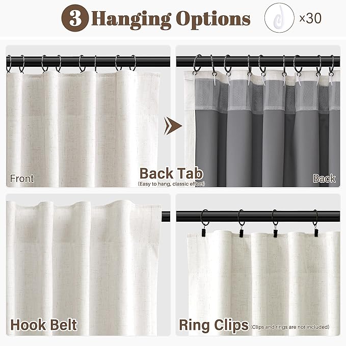 Cream Natural 100% Blackout Linen Curtains for Living Room 96 Inches Long 2 Panel Set Black Out Thermal Insulated Room Darkening Patio Sliding Door Drapes Farmhouse Back Tab Hook Belt Beige 52x96 8Ft