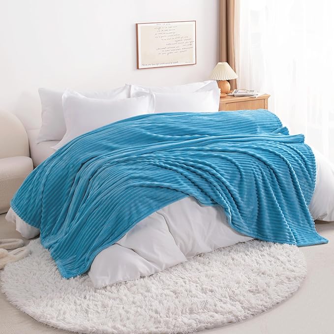 NTBAY Plush Flannel Oversized Baby Blanket, 50X60 Inches Soft and Warm Toddler Blanket with Striped Texture Nursery Bed Blanket for Stroller, Crib, Travel, Baby Gift, 50"x60", Blue