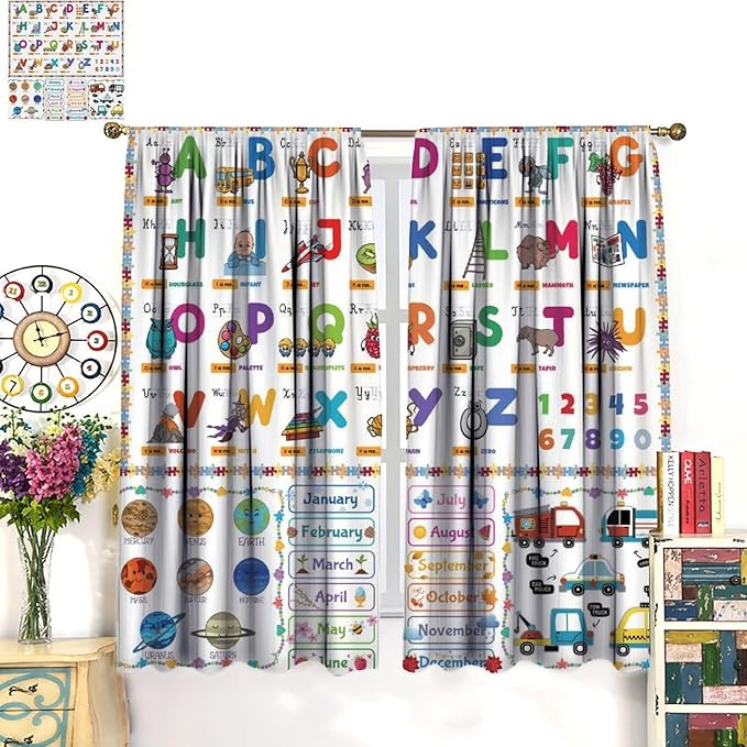 Alphabet Curtain for Kids Room ABC Letter Educational Learning Animal Number Printed Rod Pocket Blackout Window Drapes for Bedroom Playroom Classroom 72" W X 63" L