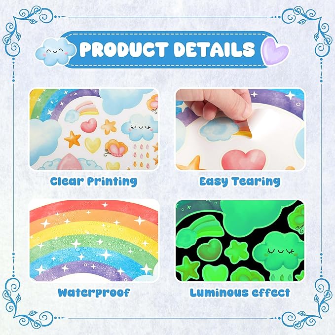 Large Unicorn and Rainbow Wall Decals Glow in The Dark, Cute Stars Stickers for Baby Girls Room, Luminous Ceiling Decor for Bedroom Playroom Nursery