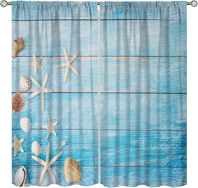 Beach Shell Curtains Shell Starfish Modern Style White Print Curtains for Living Room Bedroom Boys Girls Bedroom Decorative Privacy Curtains 42x54 Inch